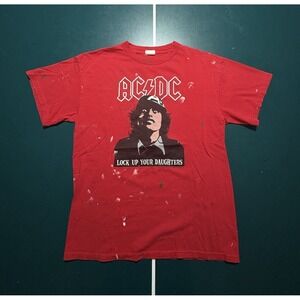 Vintage AC/DC Graphic T-Shirt‎ Mens Medium Red "Lock Up Your Daughter" Y2K 2005